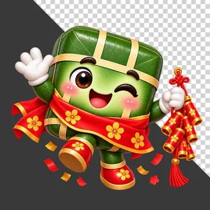 Bánh chưng cầm dây pháo đỏ Tết - File PNG