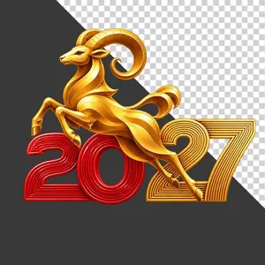 Hình ảnh chú dê vàng phi nước đại qua chữ số 2027 chào năm mới - File PNG
