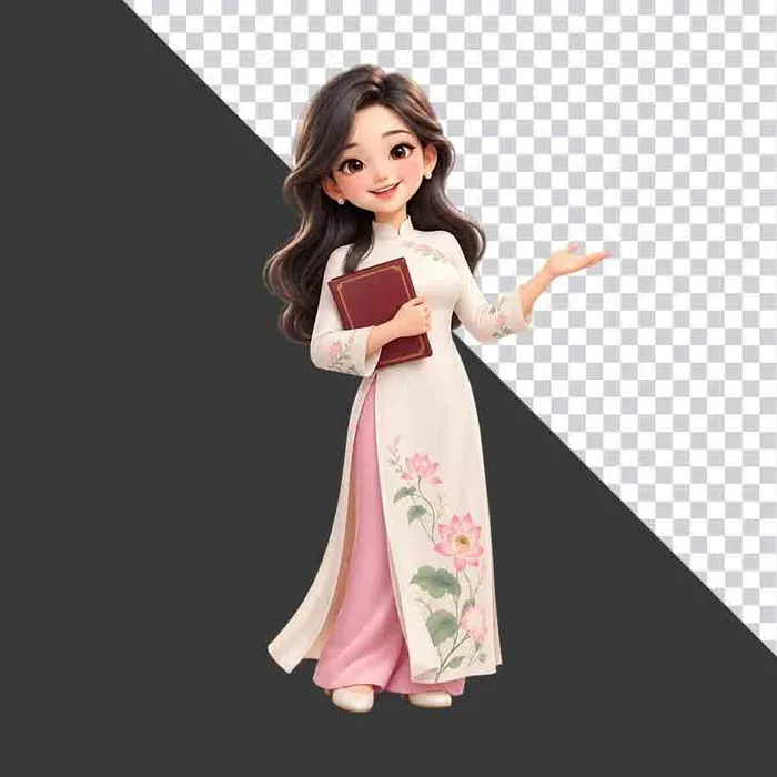 File PNG - Cô giáo áo dài trắng hồng cầm sách giới thiệu tri ân 20 tháng 11   