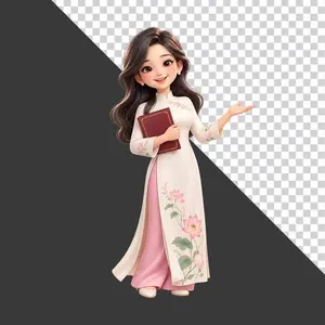 File PNG - Cô giáo áo dài trắng hồng cầm sách giới thiệu tri ân 20 tháng 11   