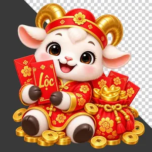 Tượng chú dê đỏ ngồi giữa đống tiền xu ôm phong bao lì xì chữ Lộc và túi vàng - PNG