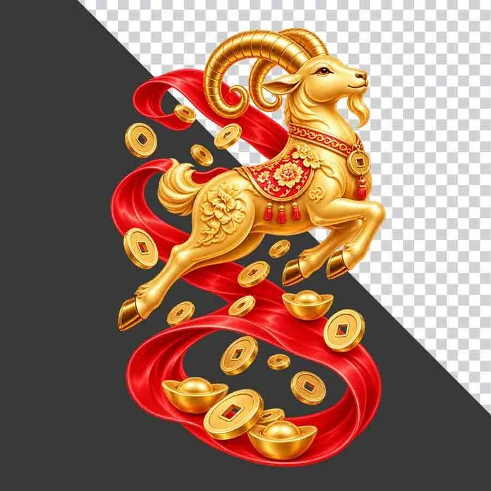 File PNG - Tượng dê vàng bay lượn tiền vàng dải lụa đỏ
