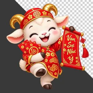 File PNG - Chú dê đỏ ôm lì xì và cầm cuộn thư Vạn Sự Như Ý