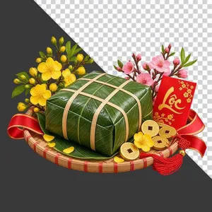 File PNG - Mẹt bánh chưng hoa mai hoa đào bao lì xì Lộc tiền cổ và ruy băng đỏ - PNG