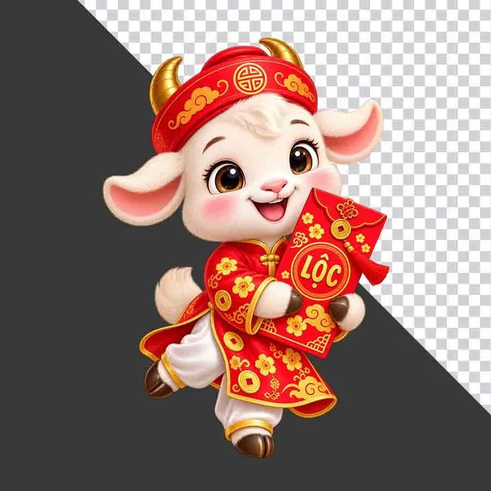 File PNG - Tượng chú dê đỏ cầm phong bao lì xì chữ Lộc phát tài