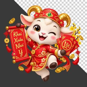 File PNG - Tượng chú dê đỏ nháy mắt cầm cuộn thư Khai Xuân Như Ý, bao lì xì và thỏi vàng