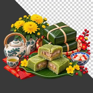File PNG - Mẹt bánh chưng đôi cắt miếng hoa cúc vàng ấm chén và dưa hành ngày Tết