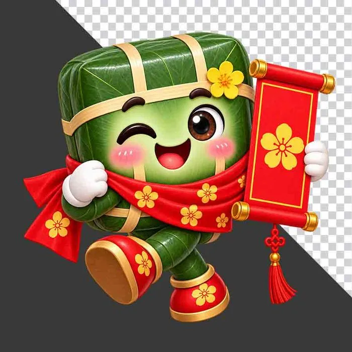 Bánh chưng cầm câu đối đỏ hoa mai - File PNG