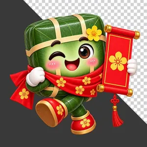 Bánh chưng cầm câu đối đỏ hoa mai - File PNG