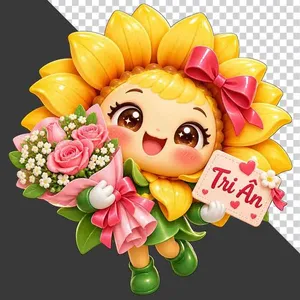 File PNG - Nhân vật hoa hướng dương hoạt hình ôm bó hoa hồng và thiệp Tri ân 20/11