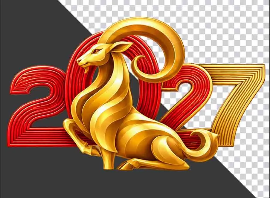 Hình ảnh chú dê vàng quỳ gối kết hợp chữ số 2027 chào năm mới - File PNG