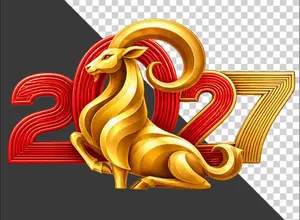 Hình ảnh chú dê vàng quỳ gối kết hợp chữ số 2027 chào năm mới - File PNG