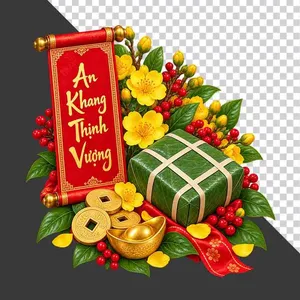 Set trang trí Tết bánh chưng hoa mai câu đối An Khang Thịnh Vượng - File PNG