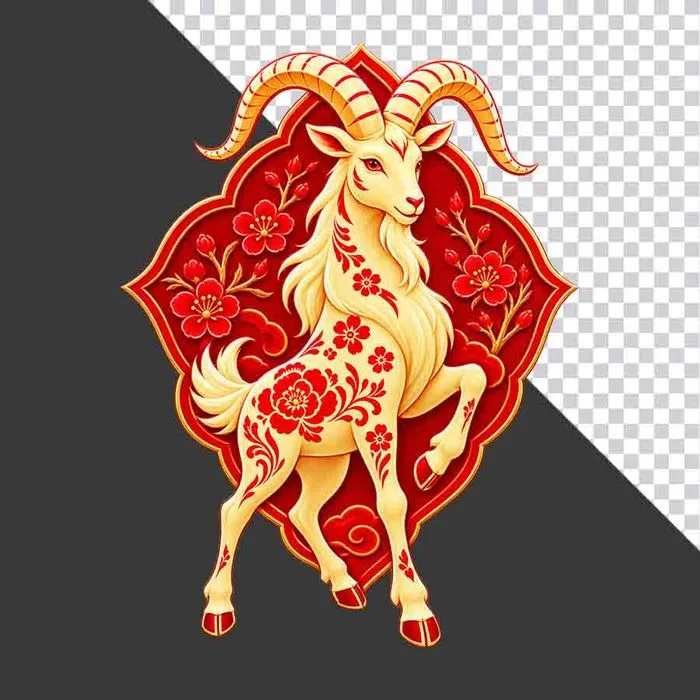 Hình ảnh chú dê vàng trang trí Tết hoa văn truyền thống - File PNG