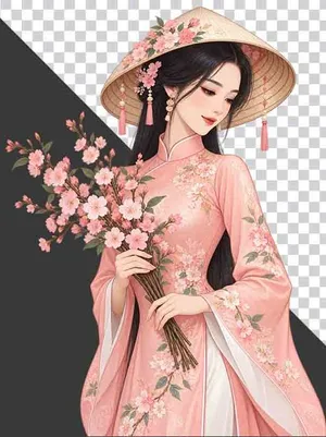 File PNG - Thiếu nữ mặc cổ phục hồng đội nón lá ôm cành hoa