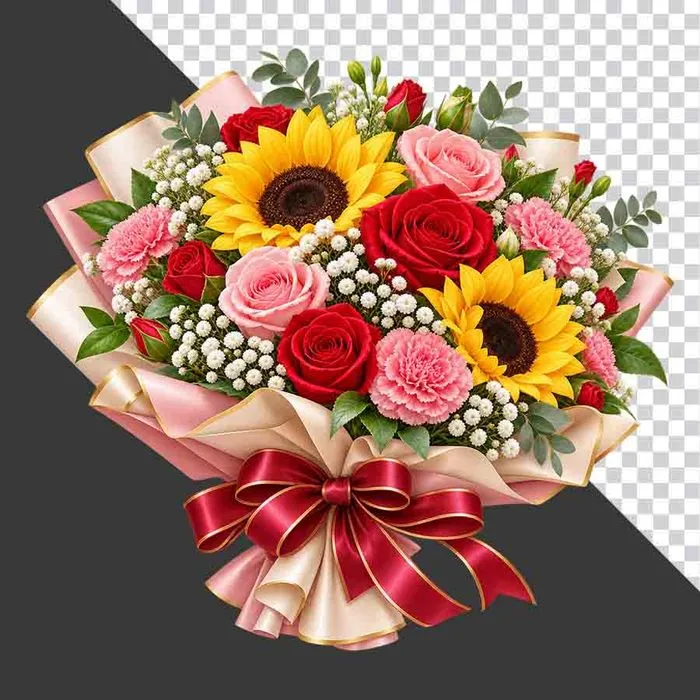 Bó hoa hỗn hợp hướng dương hoa hồng đỏ và hồng pastel cẩm chướng gói giấy - PNG