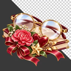 File PNG - Sách kính mắt hoa cẩm chướng trái tim nơ đỏ tri ân thầy cô   