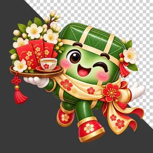 File PNG - Bánh chưng bưng mâm bao lì xì trà hoa mai trắng ngày Tết