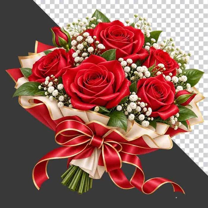 Bó hoa hồng đỏ rực rỡ gói giấy trắng kem thắt nơ ruy băng đỏ tri ân thầy cô 20 tháng 11  - PNG