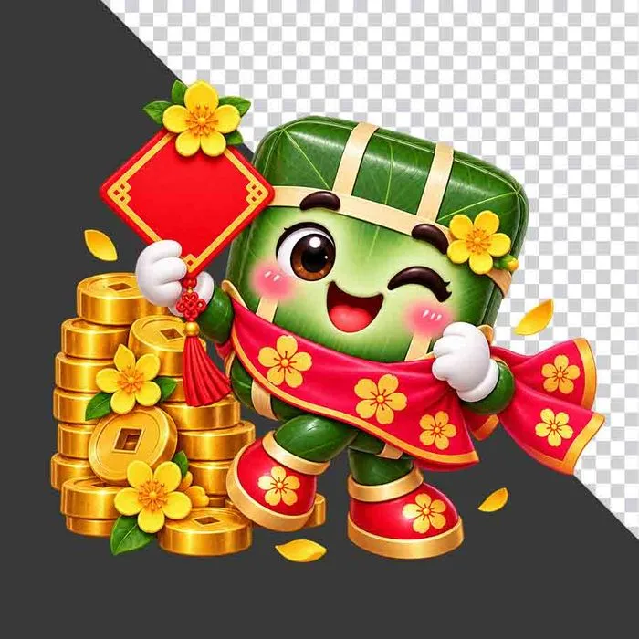 File PNG - Bánh chưng cầm thẻ đỏ chúc mừng năm mới bên chồng tiền vàng hoa mai