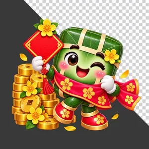 File PNG - Bánh chưng cầm thẻ đỏ chúc mừng năm mới bên chồng tiền vàng hoa mai