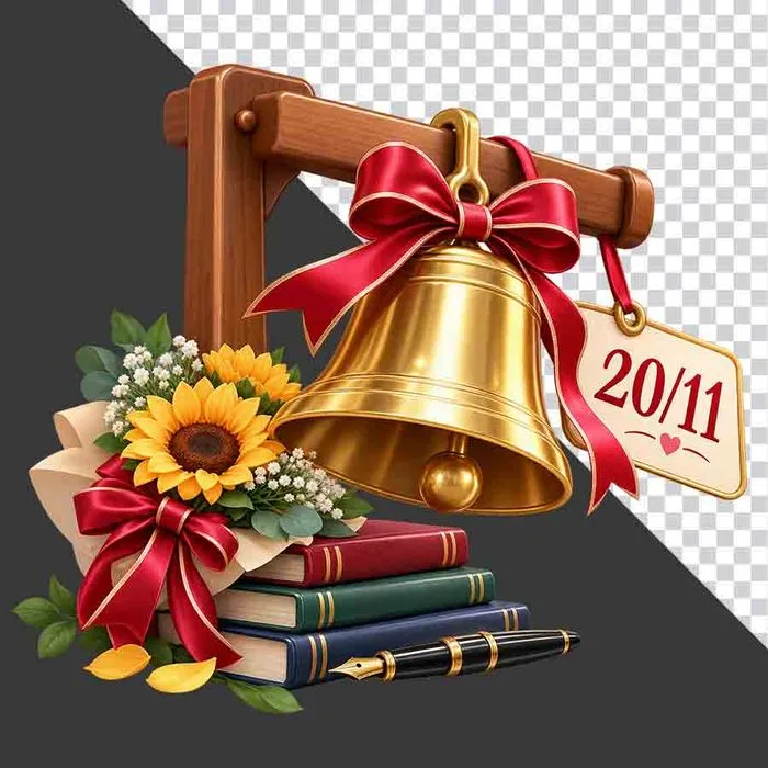 File PNG - Chuông vàng hoa hướng dương sách bút thẻ 20/11 tri ân thầy cô