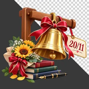 File PNG - Chuông vàng hoa hướng dương sách bút thẻ 20/11 tri ân thầy cô