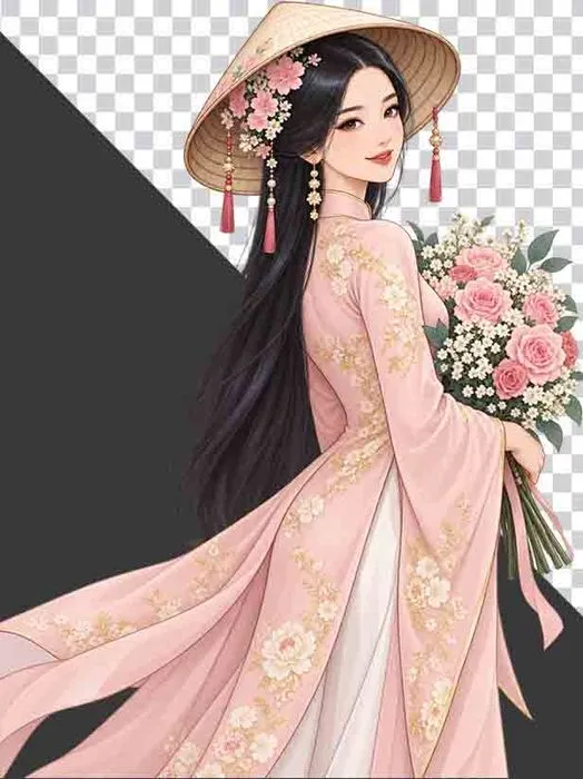 File PNG - Thiếu nữ mặc cổ phục hồng đội nón lá ôm bó hoa hồng