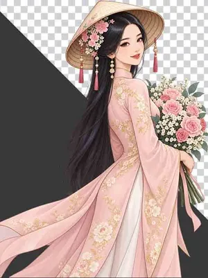 File PNG - Thiếu nữ mặc cổ phục hồng đội nón lá ôm bó hoa hồng