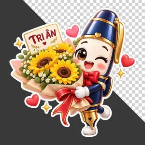 Nhân vật bút máy xanh đen hoạt hình ôm bó hoa hướng dương và thiệp Tri ân 20/11 - File PNG
