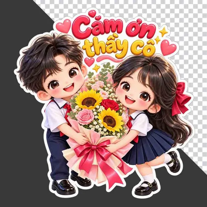 File PNG - Cặp đôi học sinh ôm hoa tri ân 20/11