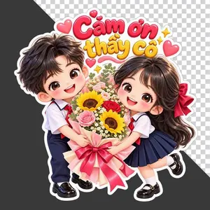 File PNG - Cặp đôi học sinh ôm hoa tri ân 20/11
