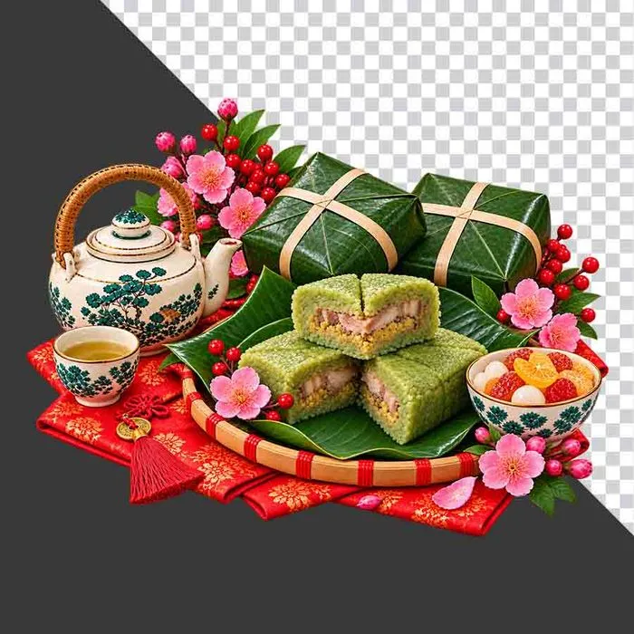 Mẹt bánh chưng hoa đào hồng ấm chén và mứt Tết truyền thống - File PNG