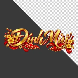 Chữ Đinh Mùi 3D ngang hoa mai vàng lụa đỏ đồng tiền ngày Tết - File PNG