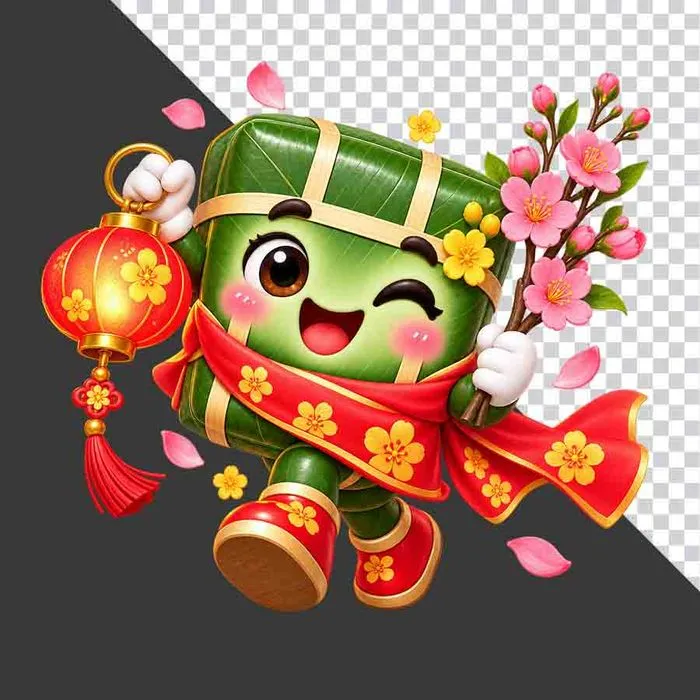 File PNG - Bánh chưng cầm lồng đèn đỏ và cành hoa đào phớt hồng ngày Tết