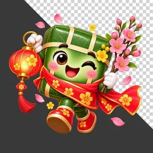 File PNG - Bánh chưng cầm lồng đèn đỏ và cành hoa đào phớt hồng ngày Tết   