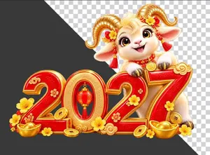 Hình ảnh chú dê vàng bên chữ số 2027 đỏ lồng đèn - File PNG