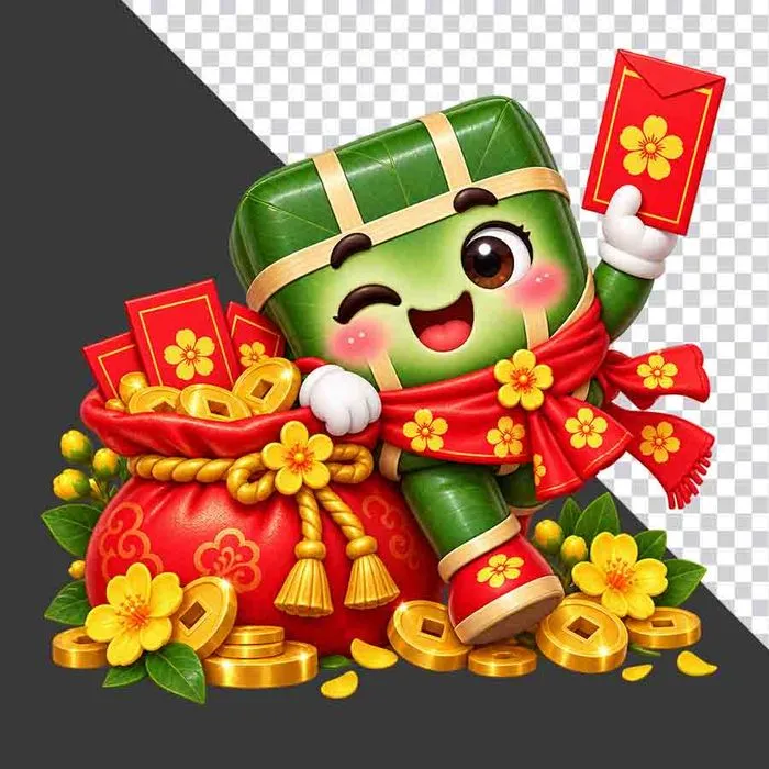 File PNG - Bánh chưng giơ lì xì đỏ bên túi tiền vàng hoa mai tài lộc