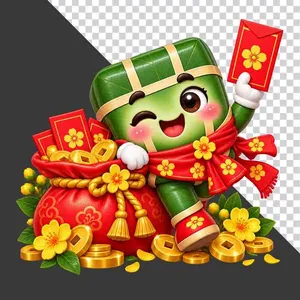 File PNG - Bánh chưng giơ lì xì đỏ bên túi tiền vàng hoa mai tài lộc