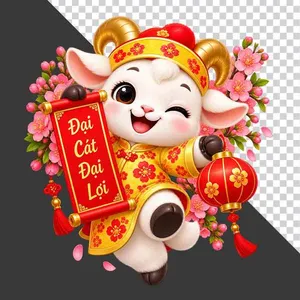 Tượng chú dê vàng nháy mắt cầm cuộn thư Đại Cát Đại Lợi, lồng đèn đỏ và hoa đào - PNG