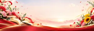 Phông nền 20/11 sách vở hoa hướng dương lụa đỏ - JPG