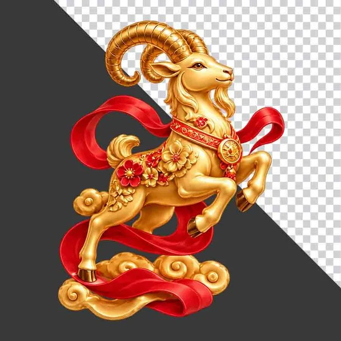 File PNG - Tượng dê vàng phi nước đại dải lụa đỏ bệ mây