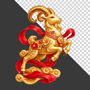 File PNG - Tượng dê vàng phi nước đại dải lụa đỏ bệ mây