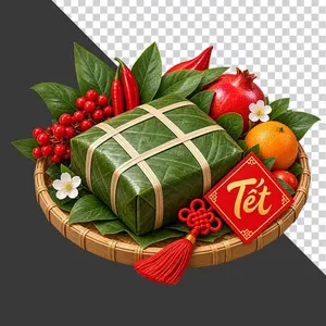 File PNG - Mẹt bánh chưng lựu đỏ quả cam thẻ chữ Tết và ớt đỏ may mắn