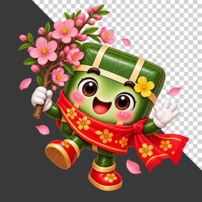 Bánh chưng vẫy tay cầm cành hoa đào hồng rực rỡ - File PNG