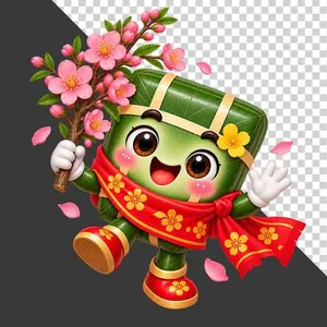 Bánh chưng vẫy tay cầm cành hoa đào hồng rực rỡ - File PNG