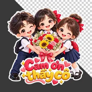 File PNG - Ba học sinh ôm hoa và chữ Cảm ơn thầy cô chào mừng 20/11   