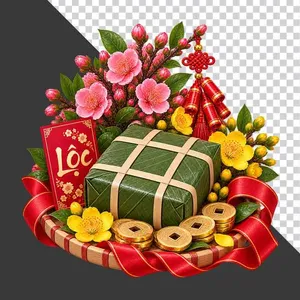 Mẹt bánh chưng hoa đào hoa mai bao lì xì Lộc tiền cổ và pháo đỏ - File PNG