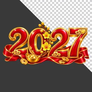 Chữ số 2027 đỏ vàng trang trí hoa mai - File PNG