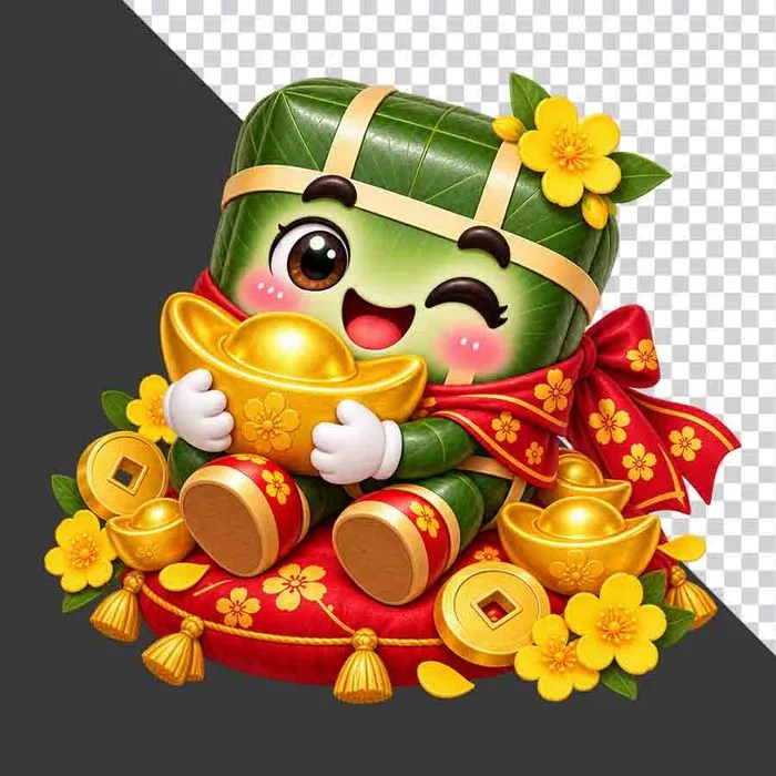 File PNG - Bánh chưng ngồi gối đỏ ôm thỏi vàng hoa mai